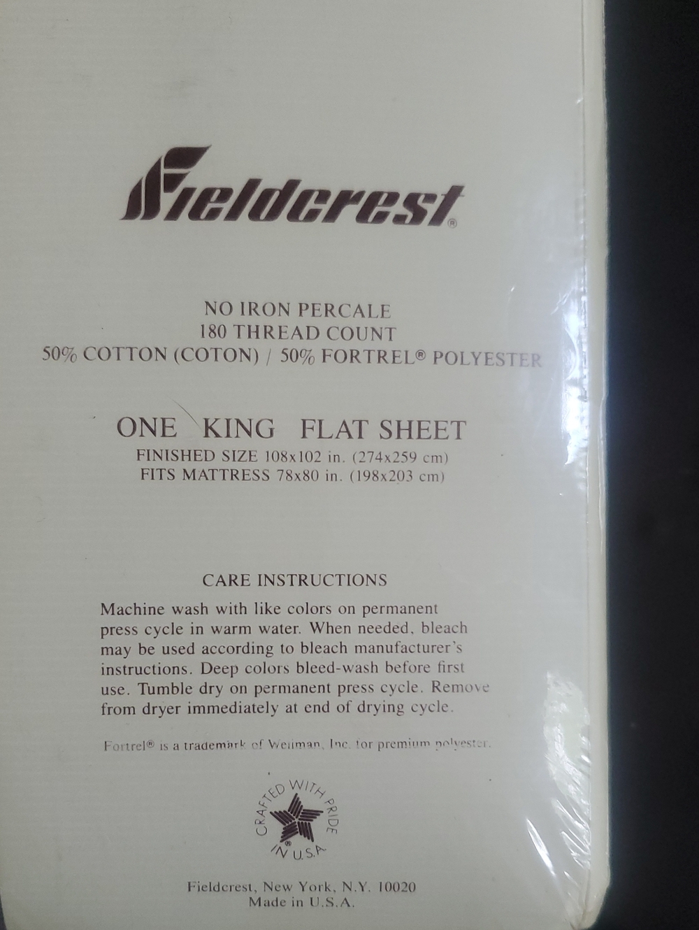 New In Pkg Fieldcrest 180 Count 1 King Flat Sheet Cream Blue Print - Picture 4 of 8